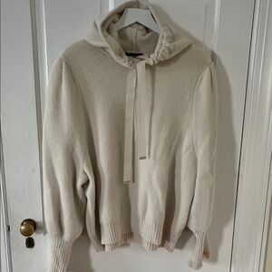 Express Cream Puff Sleeve Hooded Sweater with Ribbon Tie